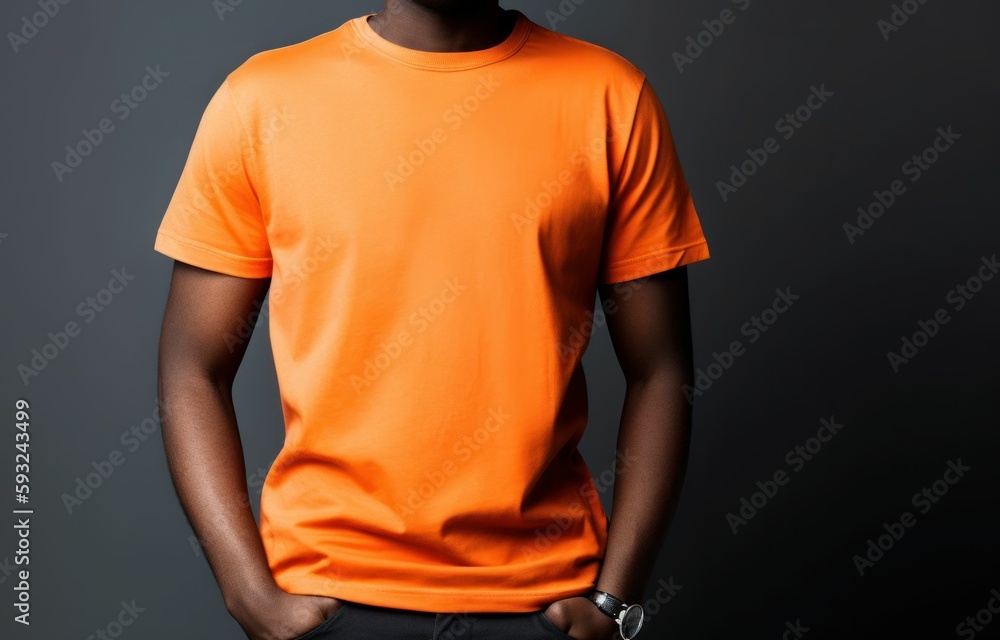 Black man model wearing a plain orange short sleeved t-shirt, isolated on a blank background. Mock-up, torso only. Generative AI illustration. Black man model wearing a plain orange short sleeved t-shirt, isolated on a blank background. Mock-up, torso only. Generative AI illustration.