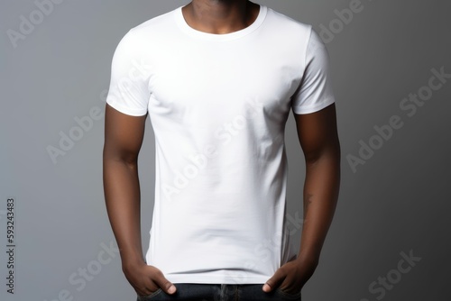 Black man model wearing a plain white short sleeved t-shirt, isolated on a blank background. Mock-up, torso only. Generative AI illustration.