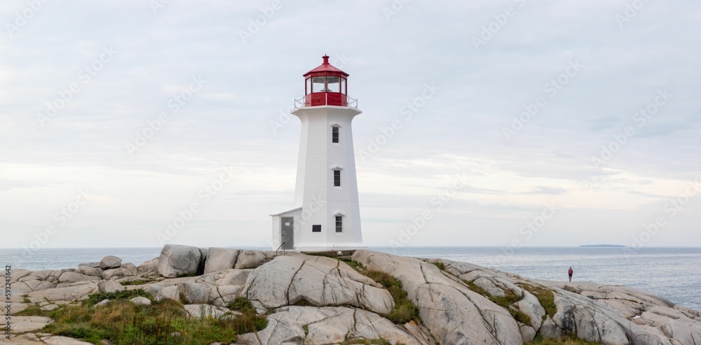 Lighthouse on a rocky shore with water in the background on a sunny day