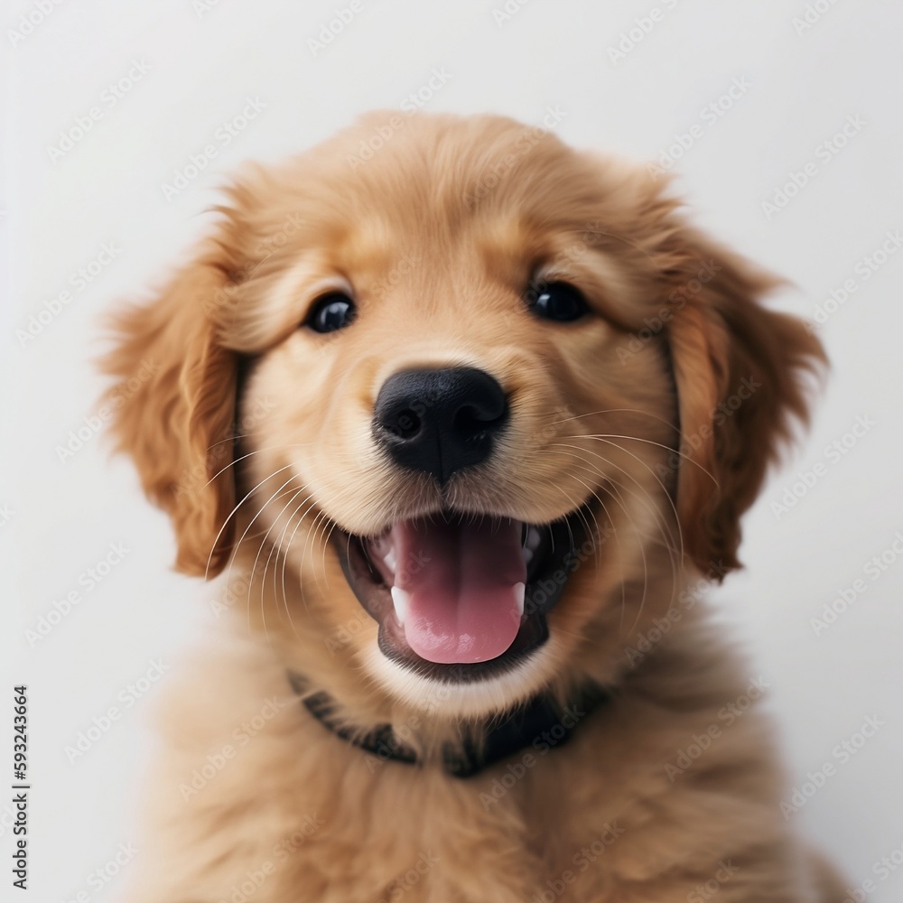 Happy puppy on a plain white background - generative AI Happy puppy on a plain white background - generative AI