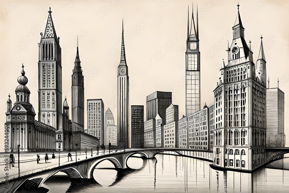 Moderne Skyline einer Großstadt mit Bleistift gezeichnet