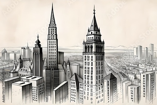 Moderne Skyline einer Gro  stadt mit Bleistift gezeichnet