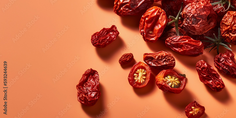 Fototapeta premium tasty and healthy sun dried tomatoes, isolated on a light orange background, free copy space, top view, close up, created with generative ai