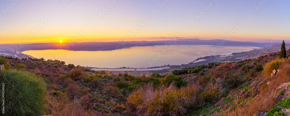 Panoramic sunset view of the Sea of Galilee