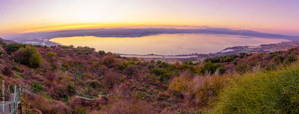 Naklejka premium Panoramic sunset view of the Sea of Galilee