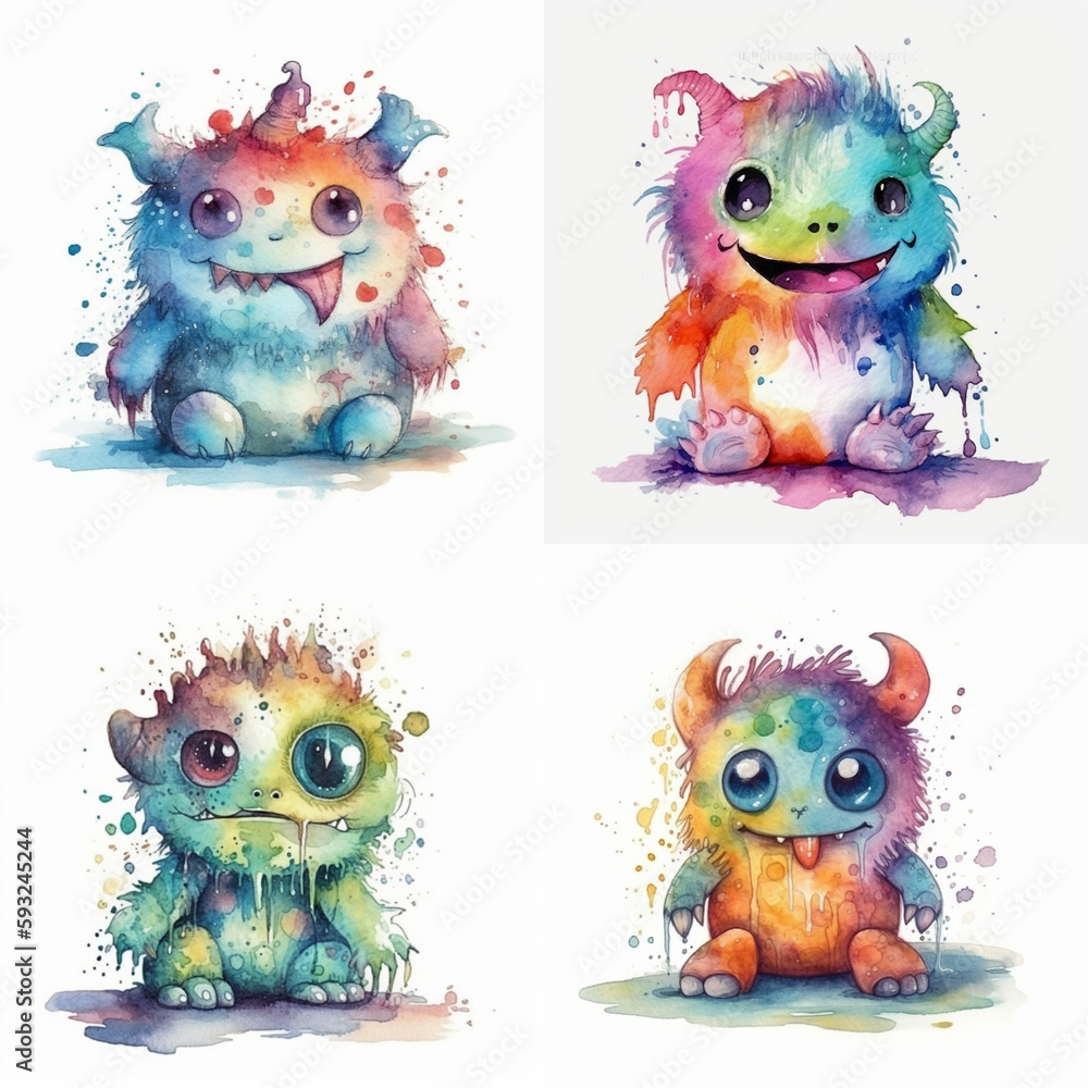 cute monsters, watercolors, generative AI