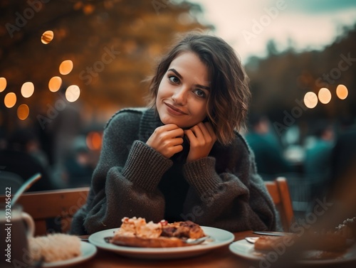 Woman having breakfast outside