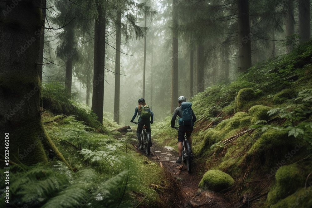 Biking in the Forest: illustration of Outdoor Adventure. Ai generated.