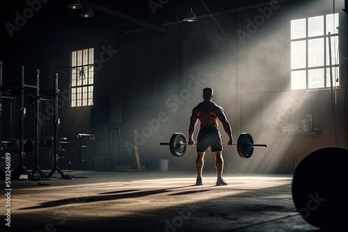 back a male athlete in the gym lifts a barbell. Generative AI illustration