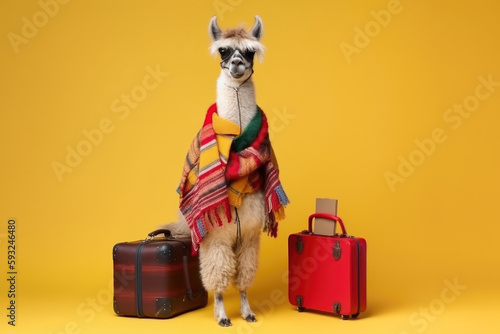 stylish Lama Traveler with two suitcases on a yellow background, Generative AI