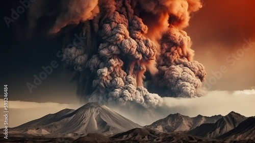 Massive Volcano Eruption. A large volcano erupting hot lava and gases into the atmosphere. Generative AI 