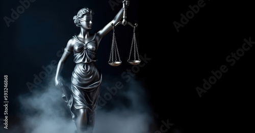 Bronze statue of the Goddess of Justice Themis, holding the Law Scales in her hands, on dark blue smoky background. Copy space. Based on Generative AI © Yeti Studio