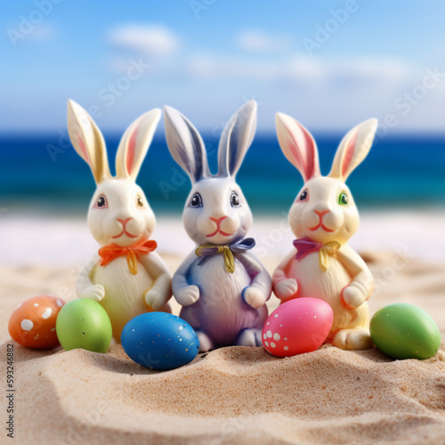 Easter Bunny Figurines At The Beach With Easter Eggs
