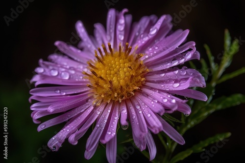 Fresh wildflowers spring or summer design. Floral nature violet daisy abstract background in macro view with raindrops. AI Generative