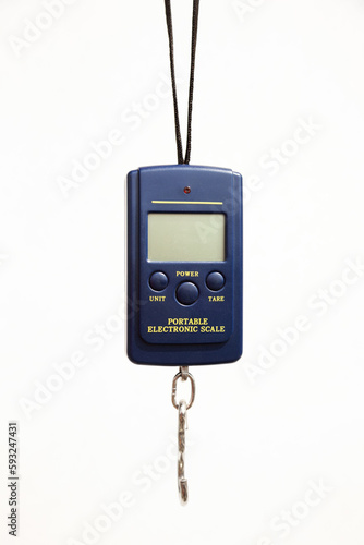 Portable hook scale with a blank digital display isolated on white. Mini electronic hand scales for fishing, weighing luggage. Weight measuring tool