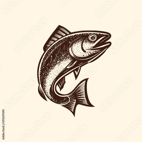Vintage logo of a salmon. Black and white old-school logo of cod fish. Aesthetic retro logo of a fish flower isolated on white background. vector logo.