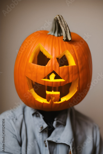 Man with pumpkin instead of head. concept of halloween festivity, generative ai © Alena Vilgelm