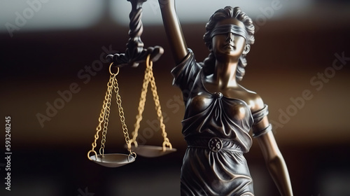 Bronze statue of the Goddess of Justice Themis, holding the Law Scales in her hands, on a blurred dark background. Copy space. Based on Generative AI