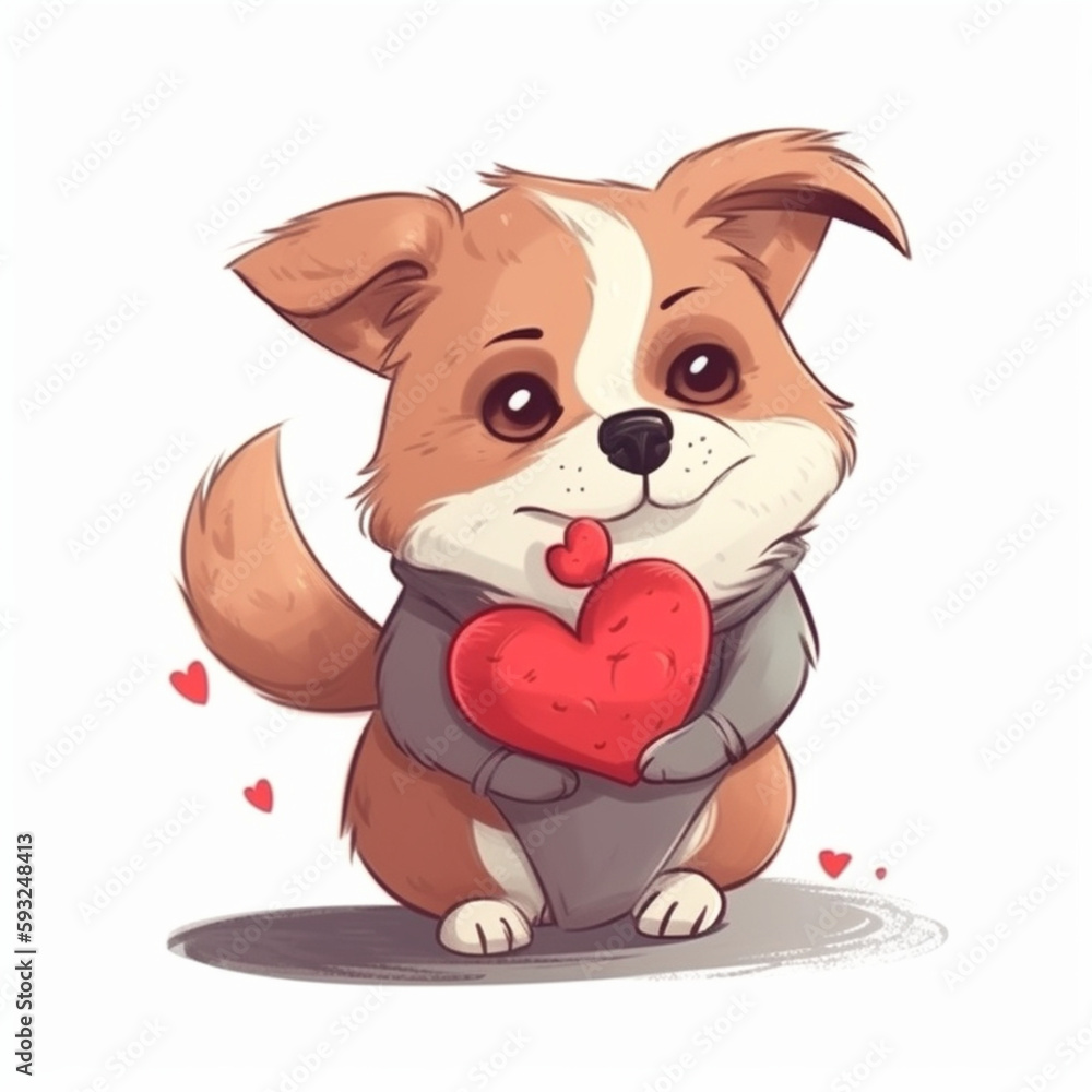 Fototapeta premium Cute Little Dog With Red Heart Illustration On White Background