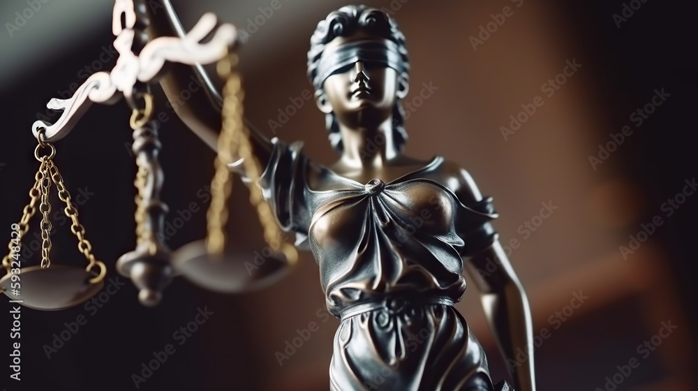 Bronze statue of the Goddess of Justice Themis, holding the Law Scales in her hands, on a blurred dark background. Copy space. Based on Generative AI Bronze statue of the Goddess of Justice Themis, holding the Law Scales in her hands, on a blurred dark background. Copy space. Based on Generative AI