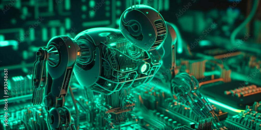 a robot in the factory with circuitboard, a robot in the factory with circuitboard,