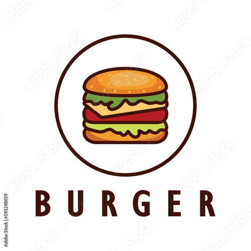 Burger logo illustration, restaurant emblem, cafe, burger and factory label, fast food, vector