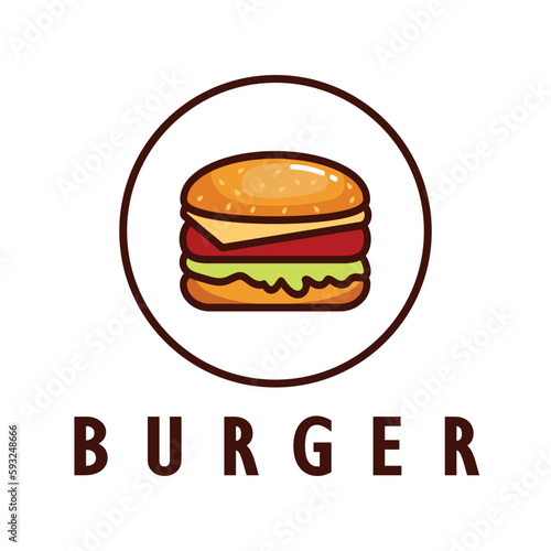 Burger logo illustration, restaurant emblem, cafe, burger and factory label, fast food, vector