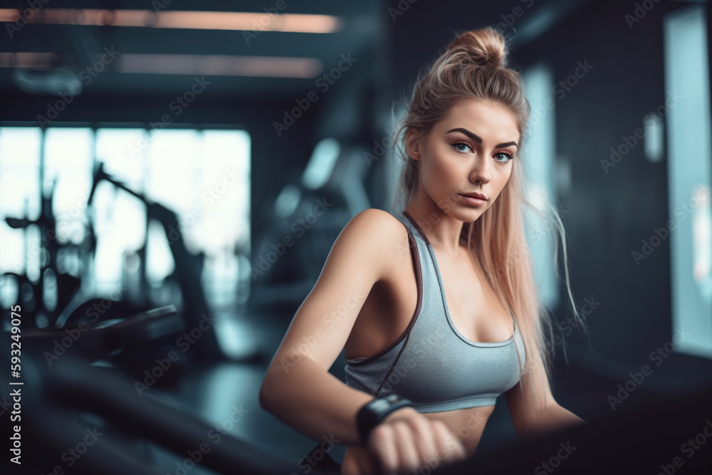 Blonde woman doing fitness exercise in gym. AI