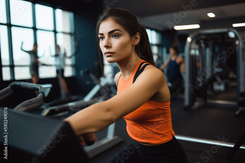 Brunette woman doing fitness exercise in gym. AI