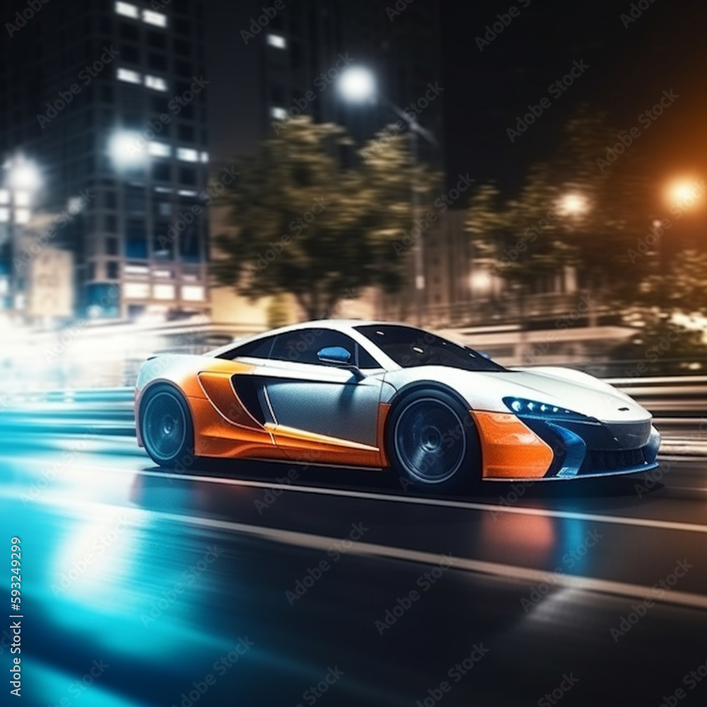 Luxury Sports Car Driving At Night With Speed Blur