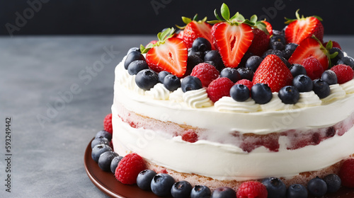 close-up of strawberry and blueberry cake. Generative Ai