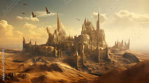 fantasy sci fi castle on another planet. Generative AI image.