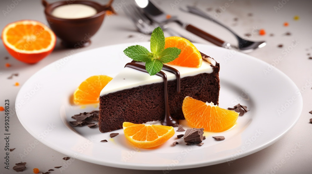 a piece of cake on a white plate, still life, orange slices. Generative Ai a piece of cake on a white plate, still life, orange slices. Generative Ai