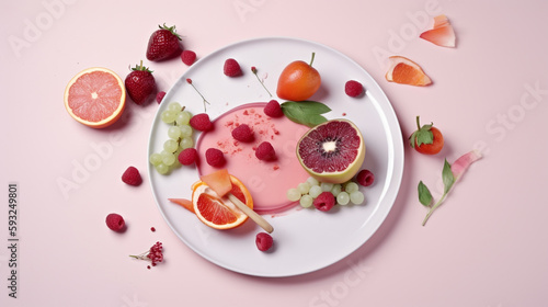 white plate with fruits on a pink surface, sauce, raspberries. Generative Ai