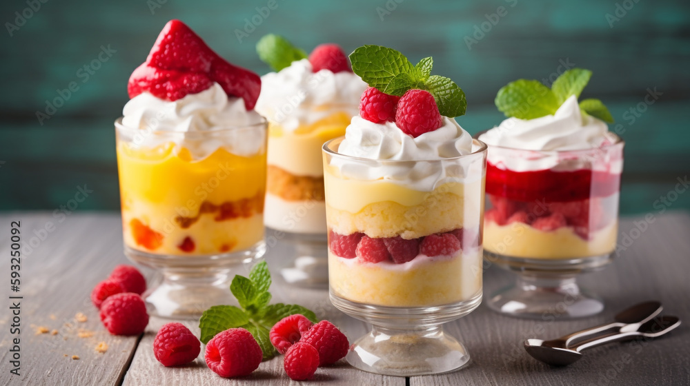 a group of desserts on a wooden table, raspberries, layered. Generative Ai a group of desserts on a wooden table, raspberries, layered. Generative Ai