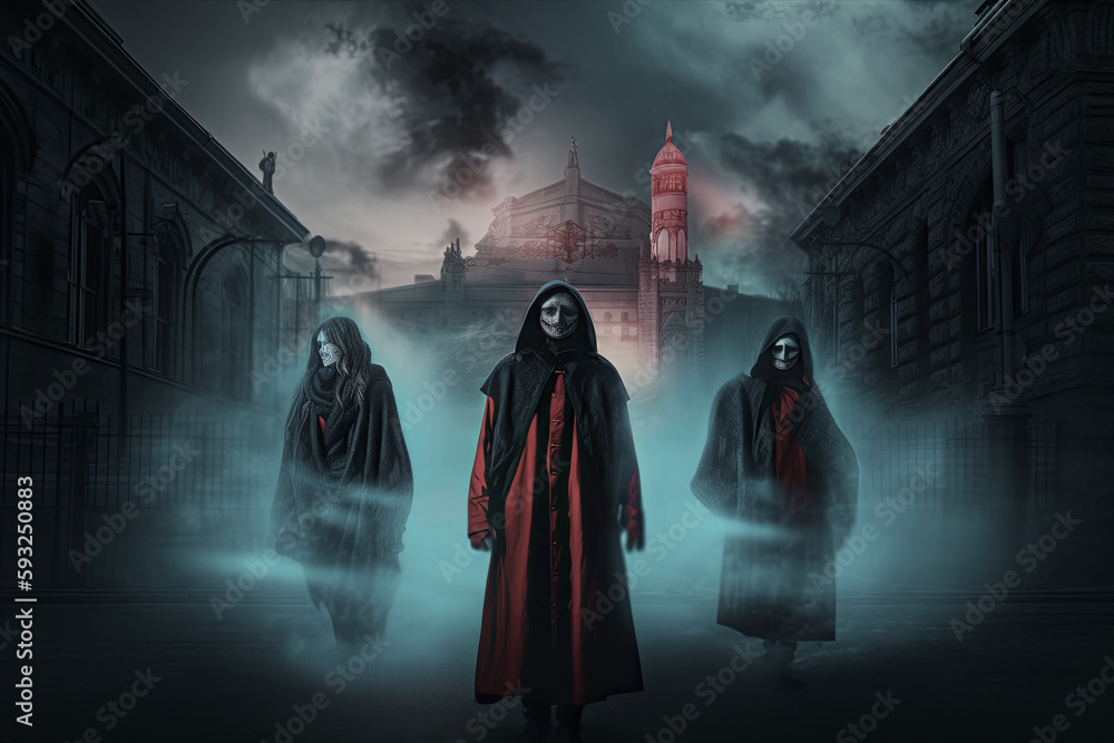 scary people in masks walking in the streets covered in fog. Generative AI image. scary people in masks walking in the streets covered in fog. Generative AI image.