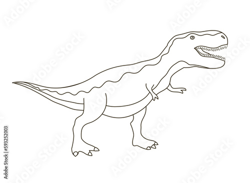 Scary tyrannosaurus rex. Carnivorous big lizard. Prehistoric pangolin. Predatory dinosaur hunter of the Jurassic period. Vector black and white illustration outline