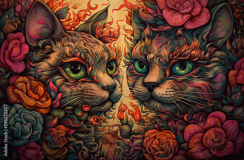Wallpaper Mural two cats with roses. Generative AI image. Torontodigital.ca