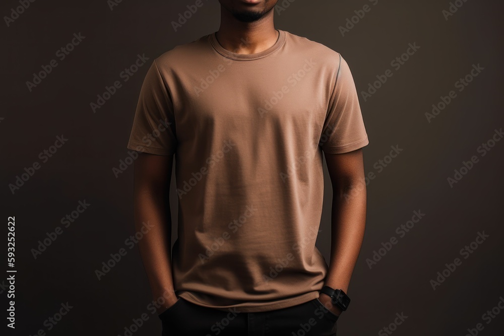 Black man model wearing a plain light brown short sleeved t-shirt, isolated on a blank background. Mock-up, torso only. Generative AI illustration. Black man model wearing a plain light brown short sleeved t-shirt, isolated on a blank background. Mock-up, torso only. Generative AI illustration.