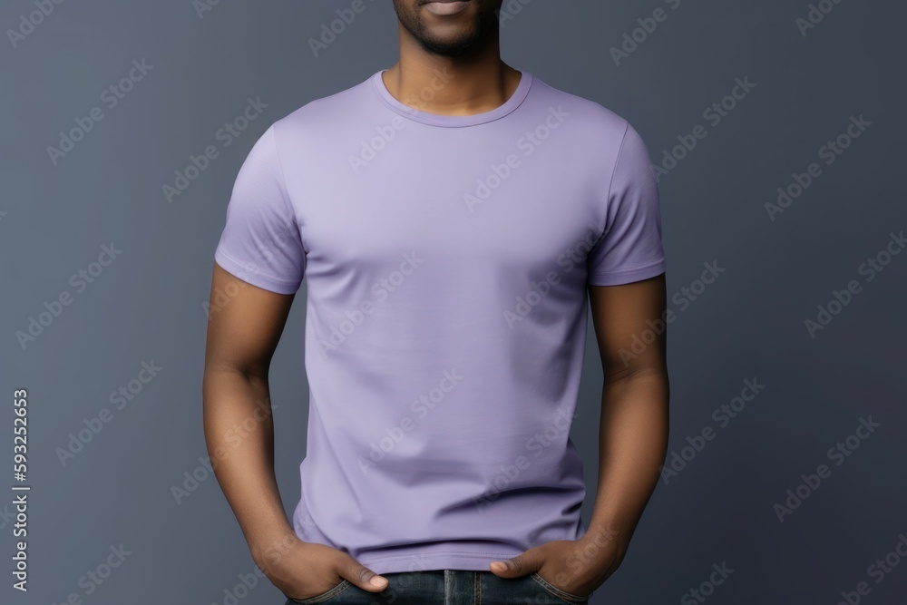 Black man model wearing a plain lavender short sleeved t-shirt, isolated on a blank background. Mock-up, torso only. Generative AI illustration. Black man model wearing a plain lavender short sleeved t-shirt, isolated on a blank background. Mock-up, torso only. Generative AI illustration.