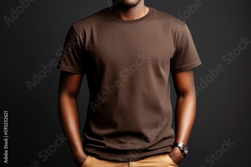 Black man model wearing a plain dark brown short sleeved t-shirt, isolated on a blank background. Mock-up, torso only. Generative AI illustration.