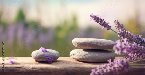 Stones and lavenders on wooden desk on background of lavender field. Spa still life in pastel colors. Copy space. Based on Generative AI