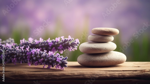 Stones and lavenders on wooden desk on background of lavender field. Spa still life in pastel colors. Copy space. Based on Generative AI