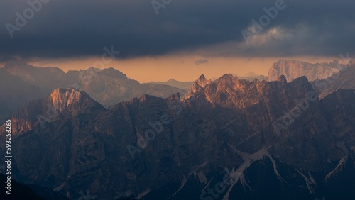 Scenic landscape in the mountains in Dolomites during sunset
