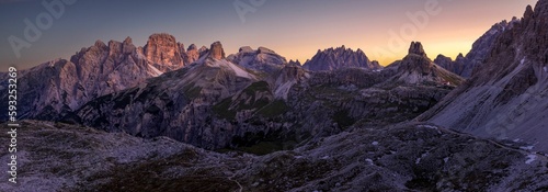 Grand vista of the Dolomites during sunrise