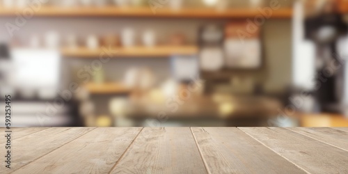 Empty brown wooden table top with out of focus lights bokeh rustic coffee shop background