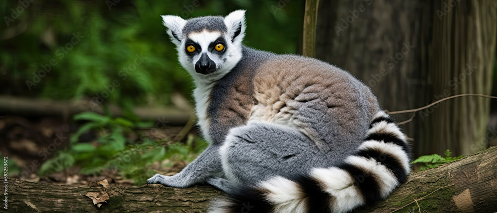 Obraz premium generative ai illustration of a lemur monkey on a tree trunk