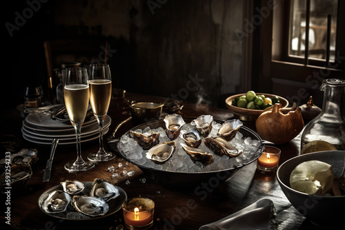 fresh oysters and a glass of white wine at a seafood joint. Generative Ai