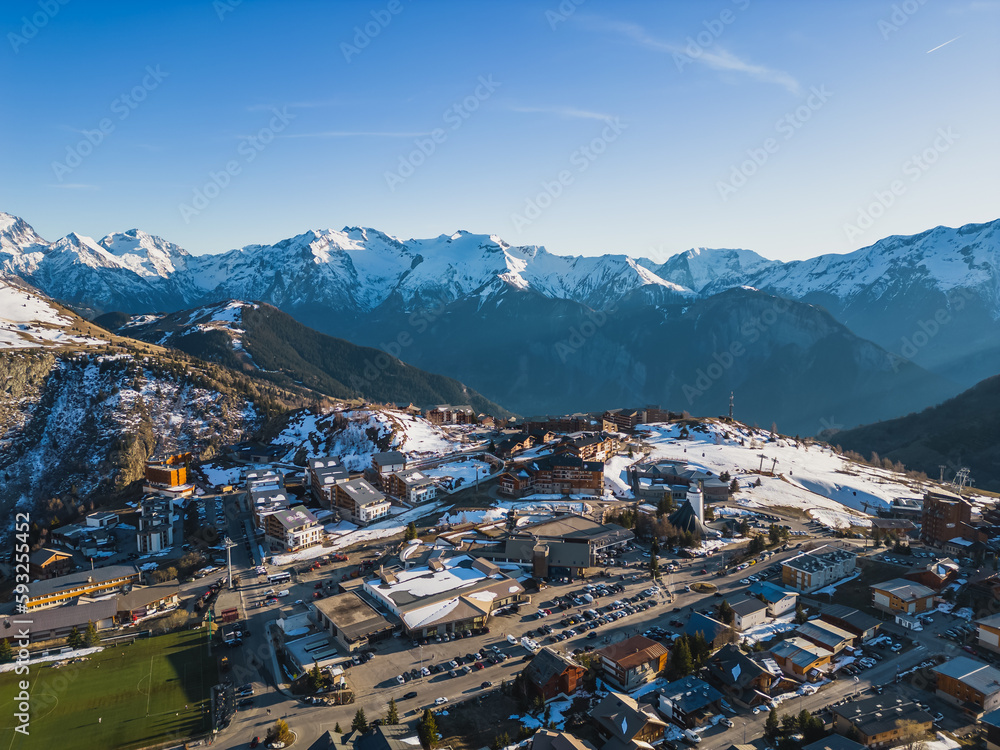 Panoramic drone view of landscape and ski resort in French Alps, Alpe D'Huez, France - Europe