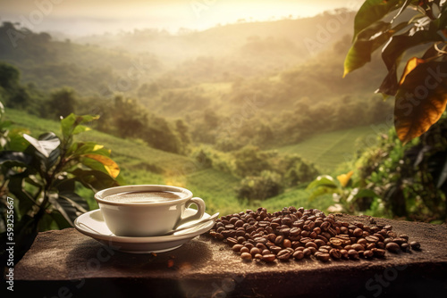Cup of hot coffee and coffee beans on background of coffee plantation. Generative Ai photo